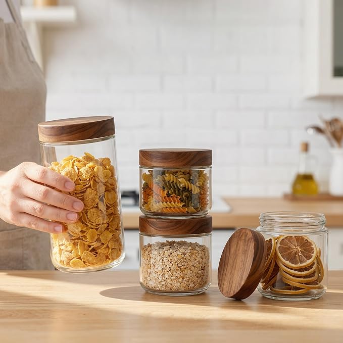 Bumobum 24 oz Glass Jars with Acacia Lids, Glass Food Storage Containers with Airtight Lids, Wide Mouth Mason Salad Jars for Coffee, Sugar, Loose Tea, Spice, Nut, Candy, Cereal, Snacks (4 Pack)