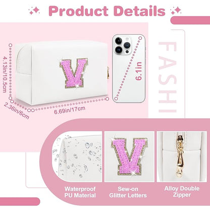 Small Initial Patch Makeup Bag Personalized Gifts Make Up Bag,White Cute PU Leather Glitter Letter Cosmetic Bag with Zipper,Trendy Portable Travel Toiletry Pouch,Preppy Stuff for Teen Girls Women V