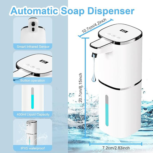 OHIFAST Automatic Liquid Soap Dispenser Touchless, USB Rechargeable Smart Hand Soap Dispenser, 9-Level Adjustable, Physical Button Operation, 13.5oz/400mL Wall Mounted for Bathroom Kitchen Dish Soap