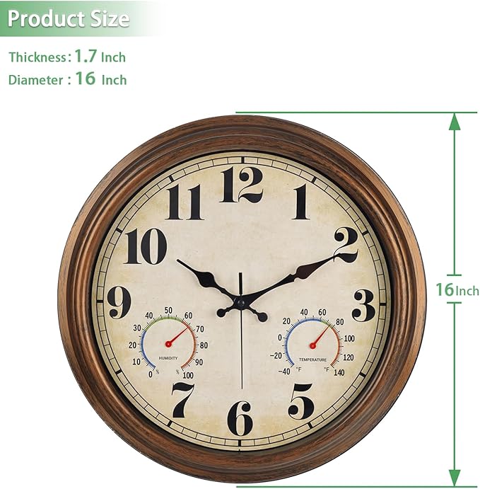 45MinST 16 Inch Bronze Vintage Large Indoor/Outdoor Waterproof Wall Clock with Thermometer & Hygrometer, Silent Non-Ticking Quartz Timepiece for Home, Porch, Garden,Pool