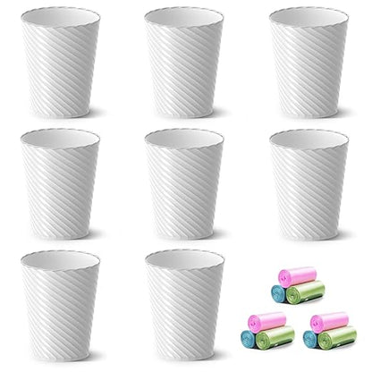 Lysam Bathroom Trash Can, 8 Pack 1.8 Gallons Small Trash Can with Trash Bags, Bathroom Garbage Can, Plastic Trash Bin, Round Waste Basket for Bedroom, Office, Kitchen, Room, Compact Space (White)
