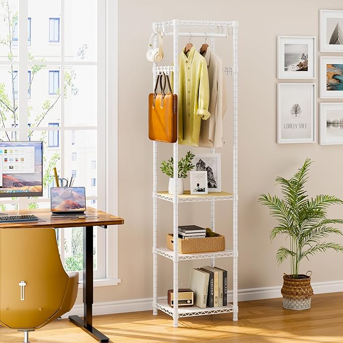R1 Clothes Rack Heavy Duty, Clothing Racks for Hanging Clothes, Garment Rack with Storage Shelves, Small Coat Rack Freestanding for Entryway, Hallway, Bedroom, Max Load 448 Lbs, White