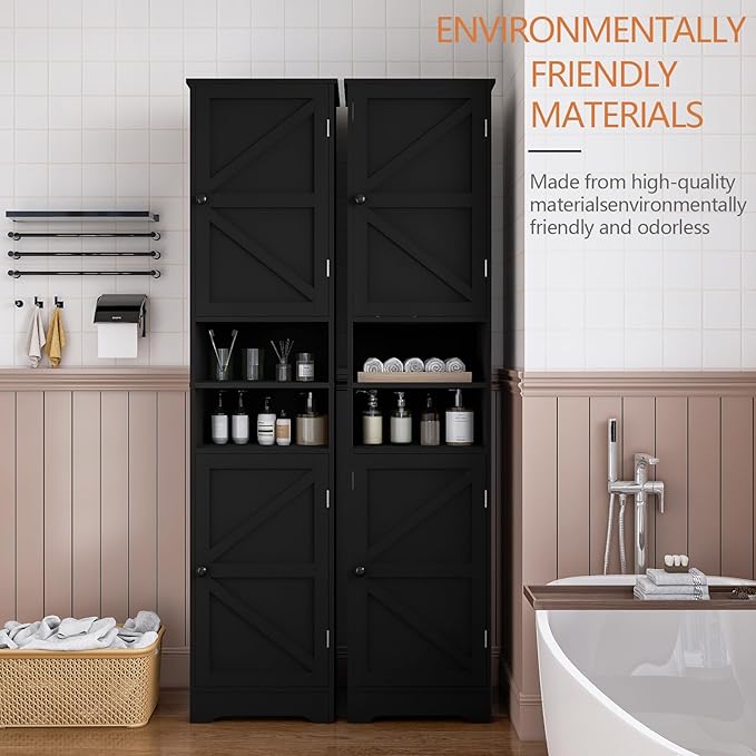 Tall Bathroom Storage Cabinet, Vertical Freestanding Organizer with Adjustable Shelf, Slim Design for Small Bathrooms, Towels & Toiletries Storage Black