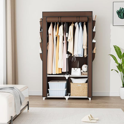 Portable Closet for Hanging Clothes, Portable Wardrobe Closet with Cover, 4 Storage Shelves, 2 Hanging Rods and 8 Side Pockets Easy Assembly and Sturdy Free Standing Closet for Bedroom Brown