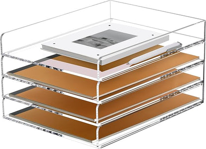 SANRUI 4 Tier Stackable Paper Letter Tray, Acrylic Vertical File Tray A4 Desk Organizer and Accessories Sorter Trays, Clear Workspace Office Supplies Organizers,12inx9.25inx6.6in