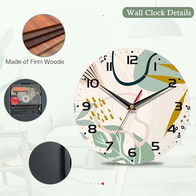 Wall Clocks,Boho Wall Clock Decorative,Abstract Leaf Kitchen Wall Clocks Battery Operated - 10 Inch Round Bathroom Wall Clock Silent Non-Ticking