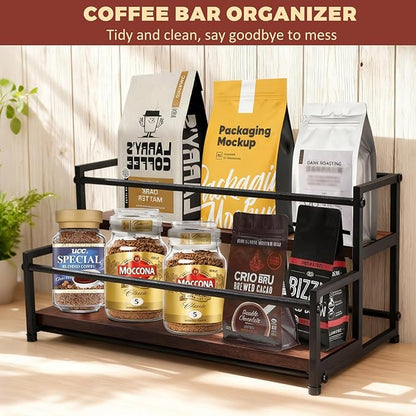 Coffee Syrup Rack Organizer, 2-Tier | Metal Bottle Holder, 10 Bottles Capacity, Rustic Countertop Display Shelf, For Coffee Bar, Kitchen Cabinet, Pantry