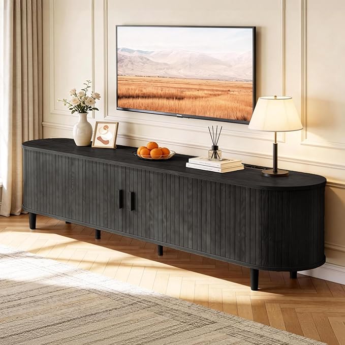 70" Mid Century Modern TV Stand with Power Outlet, Fluted Entertainment Center with Storage and Adjustable Shelves, Wood TV Console with Sliding Doors for Living Room, Black
