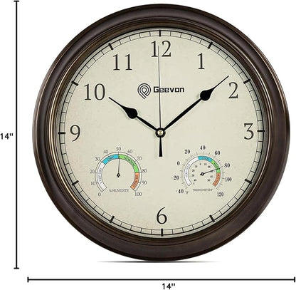 Geevon 14 Inch Retro Wall Clocks Battery Operated with Hygrometer and Thermometer Combo, Silent Wall Clock Non-Ticking Quartz Decorative for Kitchen Living Room School Bedroom