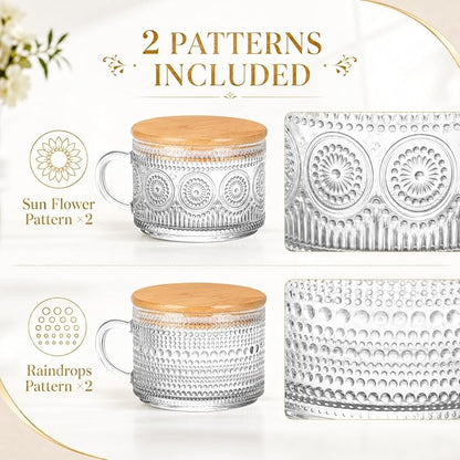 Semderm Vintage Glass Coffee Mugs Set of 2, Overnight Oats Containers with Bamboo Lids and Spoons - 14oz Clear Tea Cups for Cappuccino Latte Americano Cereal Yogurt Beverage