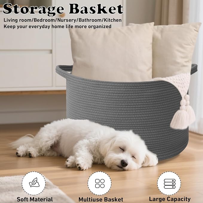 90L Extra Large Blanket Basket,Rope Woven Storage Basket with Handles, Laundry Hamper for Toys, Clothes, Pillows & Towels, Perfect for Living Room, Nursery & Bedroom,Dark Gry