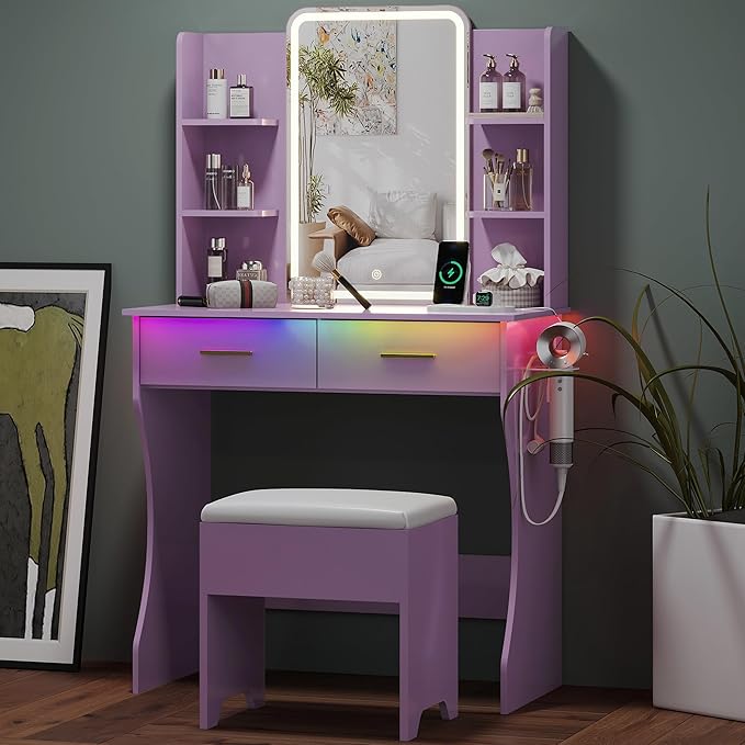 Small Vanity Desk with Mirror and Lights, Makeup Vanity with LED Lights, Purple Vanity Mirror with Lighted Desk and Chair, 3 Lighting Adjustable Compact Dressing Table with Mirror for Women, Girls