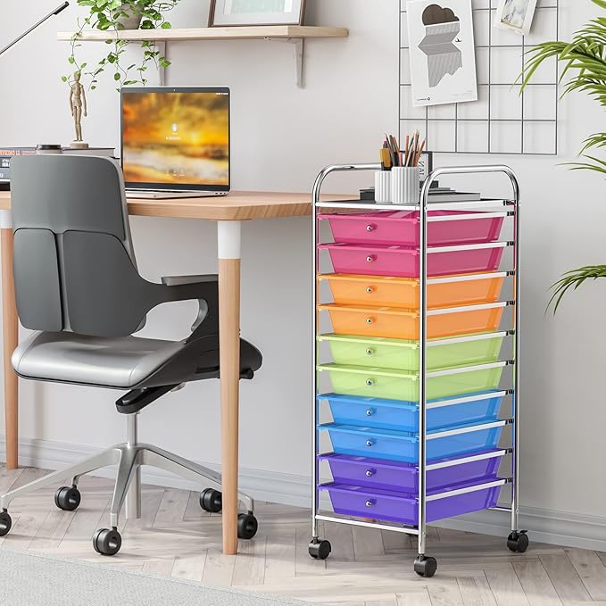RELAX4LIFE 10 Drawer Rolling Cart, Slim Storage Cart w/Lockable Wheels for Classroom School Teacher Office, Art Supplies Paper Scrapbook Craft Organizers, Utility Cart with Drawers (Color)