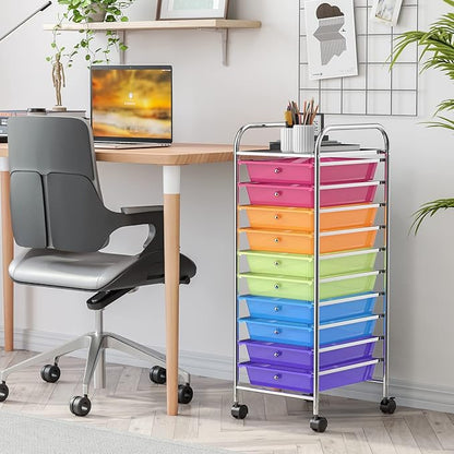 RELAX4LIFE 10 Drawer Rolling Cart, Slim Storage Cart w/Lockable Wheels for Classroom School Teacher Office, Art Supplies Paper Scrapbook Craft Organizers, Utility Cart with Drawers (Color)