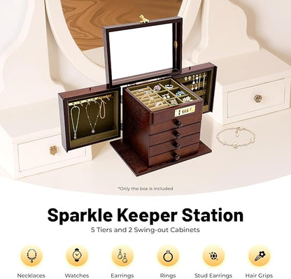 Jewelry Box with Password Lock and Mirror, 5-Layer Large Organizer Box with Mirror and 4 Drawers, Soft Velvet Lining, for Rings Earrings Necklaces Wooden Storage Box with Exquisite Carvings