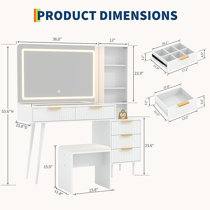 Vanity Desk with Mirror and Lights, 48" Makeup Vanity Table with 4 Drawers, 3-Shelves, Charging Station, Glass Top, 3 Color Modes & Adjustable Brightness, Modern Dressing Table Set for Bedroom - White