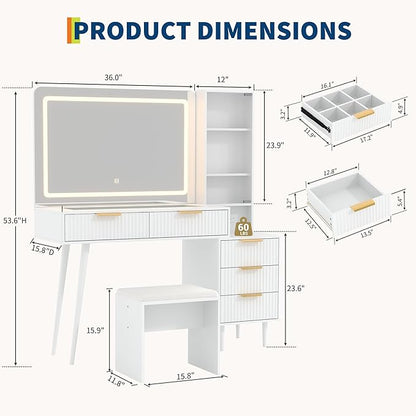 Vanity Desk with Mirror and Lights, 48" Makeup Vanity Table with 4 Drawers, 3-Shelves, Charging Station, Glass Top, 3 Color Modes & Adjustable Brightness, Modern Dressing Table Set for Bedroom - White