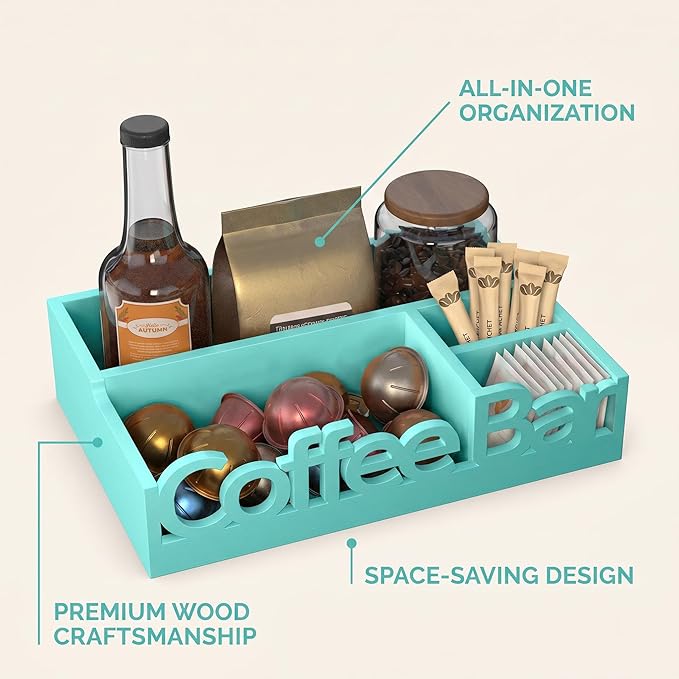 Coffee Bar Organizer for Countertop - Wood Coffee Pods Holder Storage Basket, Essential Coffee Bar Accessories for Home and Office, Condiment Station, Mini Coffee Bar