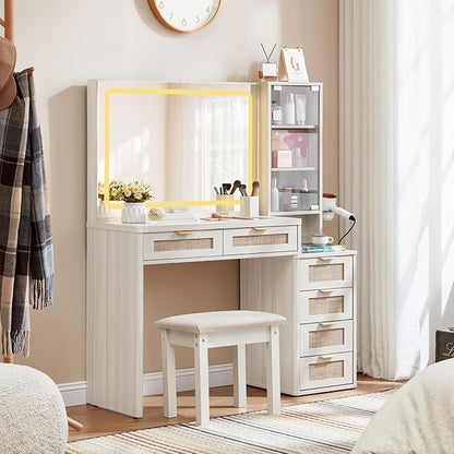 LEYAOYAO White Vanity Desk with Mirror and Lights, 43.5'' Makeup Vanity Set with Stool 6 Drawers and Adjustable Shelves, Rattan Wood Make Up Vanity with Glass Top and Power Outlet for Bedroom
