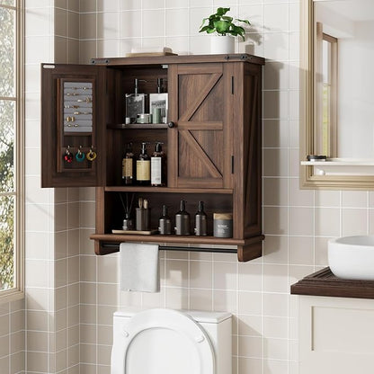 QUW Farmhouse Bathroom Wall Cabinet, Modern Medicine Cabinets with Towel Bar & Jewelry Holder, Over The Toilet Storage Cabinet with Barn Door for Laundry, Living Room, Hallway, Dark Walnut