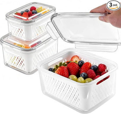 Fresh Produce Storage Containers for Fridge, 3 Pack Fruit Vegetable Keeper with Drain Basket & Airtight Lid, BPA Free Fridge Organizer Bins for Berries, Salad, Meal Prep, 28oz 60oz 111oz