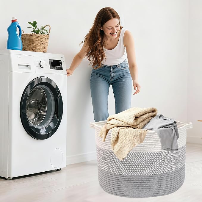 90L Extra Large Blanket Basket,Woven Rope Laundry Basket Hamper with Handles, Decorative Nursery Basket Storage Bin for Toys, Clothes Organizer, Living Room, Bedroom, Bathroom, Grey