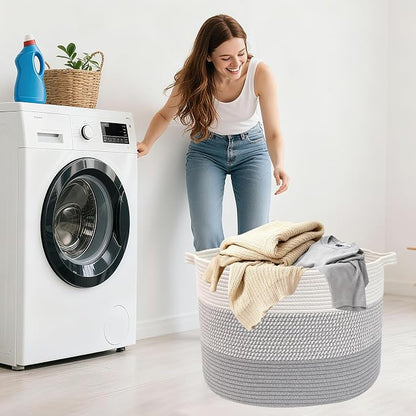 90L Extra Large Blanket Basket,Woven Rope Laundry Basket Hamper with Handles, Decorative Nursery Basket Storage Bin for Toys, Clothes Organizer, Living Room, Bedroom, Bathroom, Grey