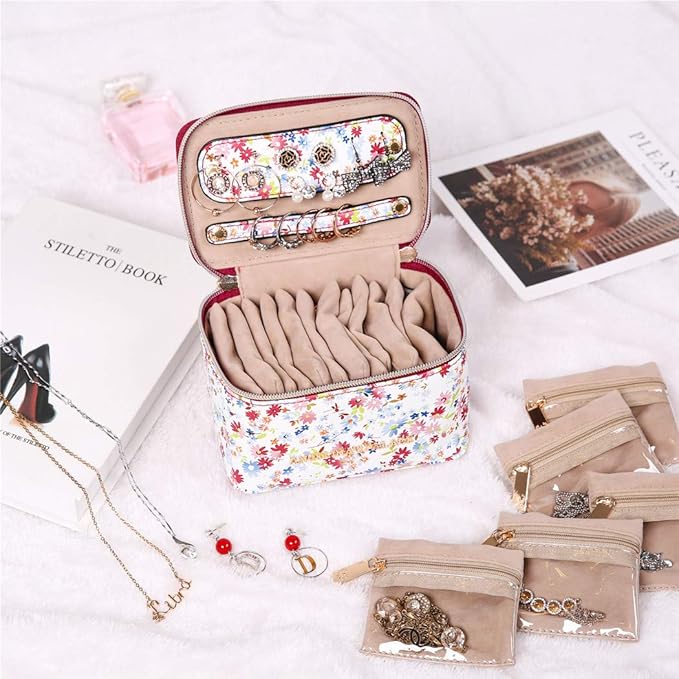 Angelina's Palace Jewelry Organizer Case Bridesmaid Gifts Travel Bag Vegan Leather Box for Necklace Earring Bracelet Ring(blossom wine)