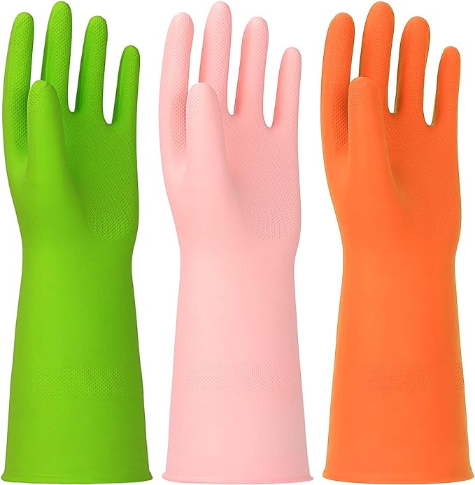 3 Pairs Rubber Cleaning Gloves Latex Free Dishwashing Gloves - 13" Reusable Nitrile Gloves Medium, Green+Pink+Orange