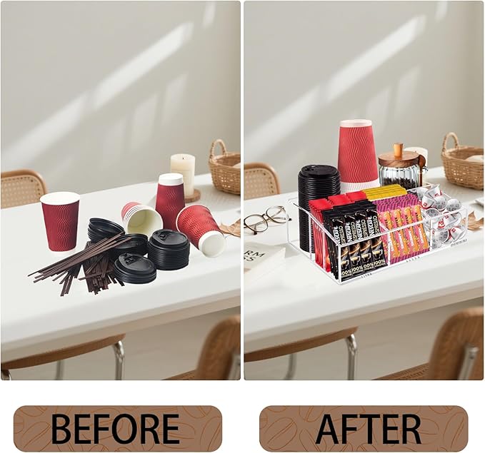 Coffee Station Organizer for Countertop - Clear Acrylic Coffee Bar Accessories and Organizer with Removable Dividers for Pods Condiment Syrup Tea Cups Stirrers Tea Bag - Farmhouse Table Decor