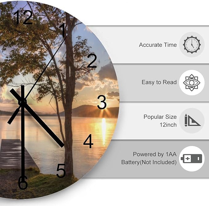 Scenic Nature Wood Wall Clock, Natural Lake Landscape Tree Woodland Beautiful Scenery 12 Inch Silent Non-Ticking Battery Operated Round Clock for Bedroom Living Room Office Kitchen Decor