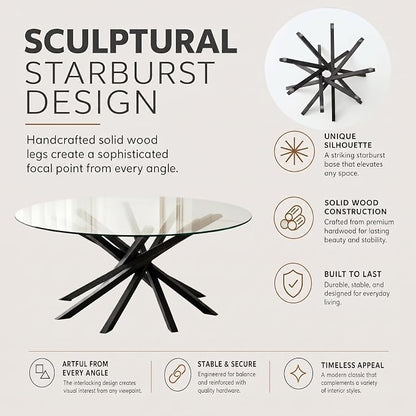 Round Glass Coffee Table-Mid Century Modern Solid Wood Coffee Table | Unique Glass Top&Solid Wood Mortise Interlocking Starburst Legs Design for Living Room,Office,Hotel Lobby