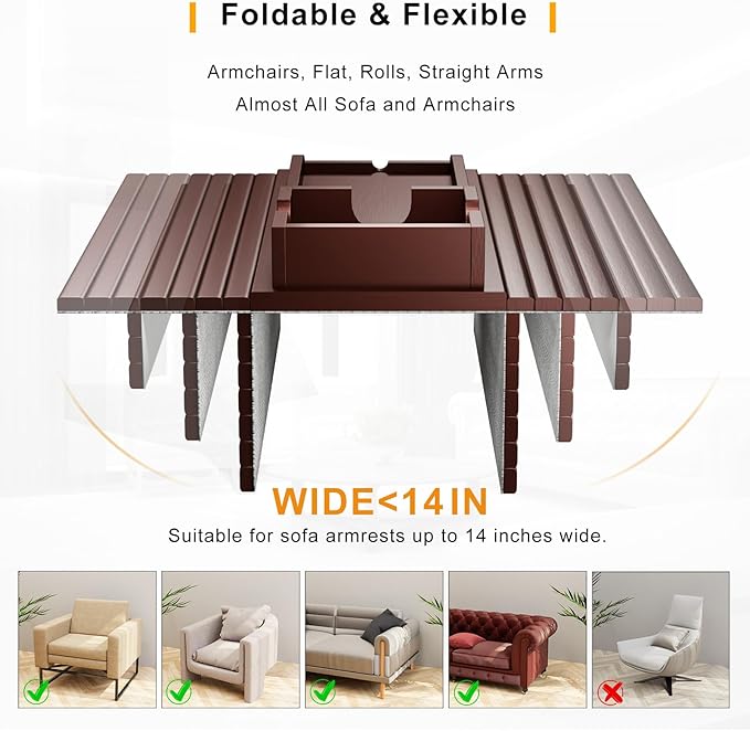 Bestjing Bamboo Couch Armrest Table, Sofa Arm Tray with Detachable Couch Cup Holder- 2 in 1 Anti-Slip Foldable Sofa Armchair Caddy Table for Drinks Cellphone TV Remote Snacks (Walnut)