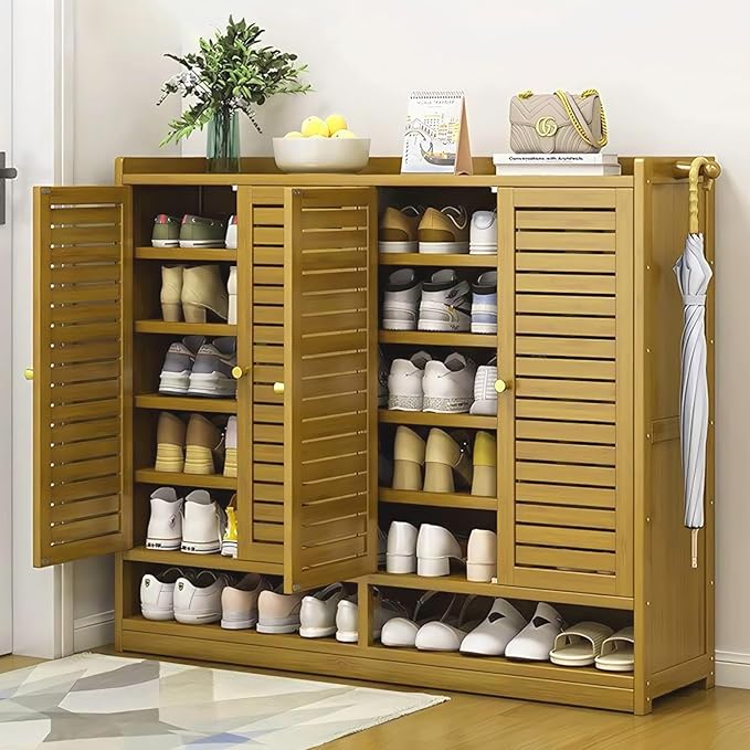 Bamboo Shoe Cabinet, 7-Tier Shoe Storage Cabinet with Doors, Freestanding Bamboo Shoe Rack Organizer with Shelves for Entryway, Hallway, Closet, Living Room