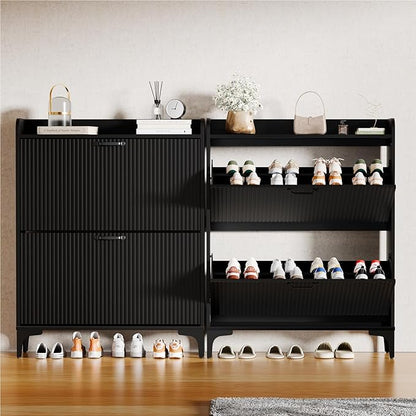HIFYOBRO Fluted Shoe Cabinet with 2 Flip Drawers, Hidden Shoes Storage Cabinet, Modern Shoe Rack Organizer, Freestanding Narrow Shoes Organizer for Hallway, Entryway (Black)