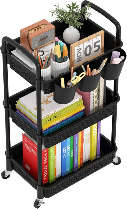 MOYIPIN 3-Tier Plastic Rolling Utility Cart with Handle,Utility Storage Cart for Office, Living Room, Kitchen,Movable Storage Organizer Shelves,Black with 3 Hanging Cups