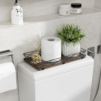 Toilet Paper Basket Holder, 13" Bathroom Tray Countertop, Wood and Metal Toilet Tank Tray Bathroom Vanity Organizer for Toiletry, Kitchen Sink Organizer for Soap Dispenser (Brown+Black)