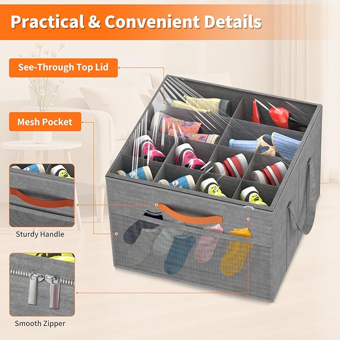 Aokeyee Shoe Organizer for Closet, 2 Pack Foldable Shoe Storage Organizer Box w/Clear Cover and 4 Reinforced Handles, Space Saving Shoes Bin Fits up to 16-32 Pairs, Grey