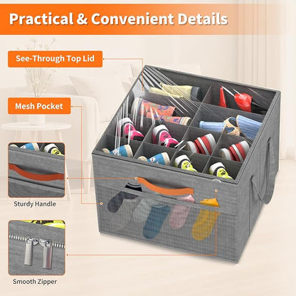 Aokeyee Shoe Organizer for Closet, 2 Pack Foldable Shoe Storage Organizer Box w/Clear Cover and 4 Reinforced Handles, Space Saving Shoes Bin Fits up to 16-32 Pairs, Grey