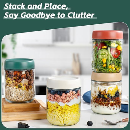 DIMBRAH Overnight Oats Containers with Lids,16oz Glass Jars with Lids - Set Of 4, Practical Oatmeal Container to Go, Chia Seed Pudding Jars, Baby Food Containers
