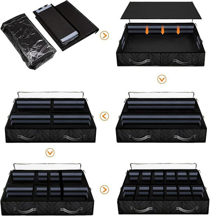 Under Bed Shoe Storage Organizer, Set of 2, Sturdy Structure, Adjustable Dividers, Reinforced Handle, Sturdy Zipper, Underbed Storage Solution with Clear Window, Breathable, Black