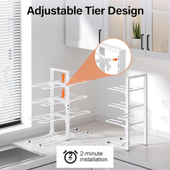 MUDEELA 8-Tier Pots and Pans Organizer under Cabinet, Heavy Duty Adjustable Pot Pan Organizers inside Cabinet, Kitchen Cabinet Organizers and Storage Pot Rack for Big Stockpots, Heavy Cookware, White