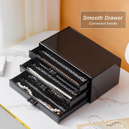 YUFONG Necklace Holder Organizer, Dustproof Necklace Box Velvet Necklace Organizer Box with Lid Clear Acrylic Dustproof Stackable Jewelry Displays for Necklaces Chain Display (Black Black, 3 Drawer)