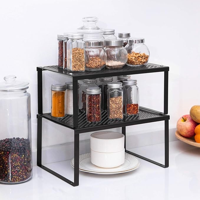NEX Cabinet Organizer Shelf Set of 2, Kitchen Counter Stackable Shelves, Expandable Spice Rack Pantry Organizers Bathroom Storage Riser, Metal, Black