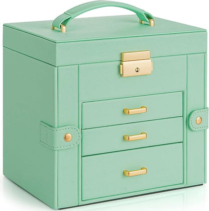 AKOZLIN 4-Tier Jewelry Box Leather Jewelry Storage Organizer with 3 Drawers Lockable for Women Girls Ring Necklace Earring Bracelet Holder with Mirror