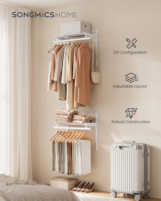 SONGMICS HOME Closet System, Closet Insert Organizer, 2-4 ft, Adjustable Metal Shelving Unit with 2 Hanging Rods, 2 Shelves, and Hooks, for Pantry Mudroom Garage Basement, Cloud White URGR030W01