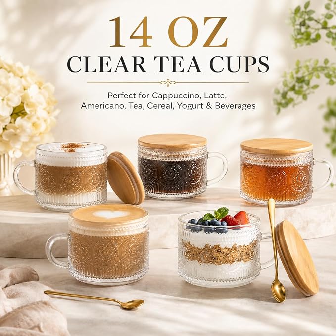 Semderm Vintage Glass Coffee Mugs Set of 2, Overnight Oats Containers with Bamboo Lids and Spoons - 14oz Clear Tea Cups for Cappuccino Latte Americano Cereal Yogurt Beverage