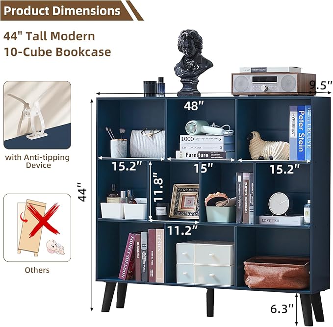 LEYAOYAO 10 Cube Bookshelf,3 Tier Modern Wide Bookcase with Legs,Mid-Century Wood Bookshelves Storage，Dark Blue Large Book Case,Freestanding Organizer Display Shelf for Bedroom,Living Room,Office