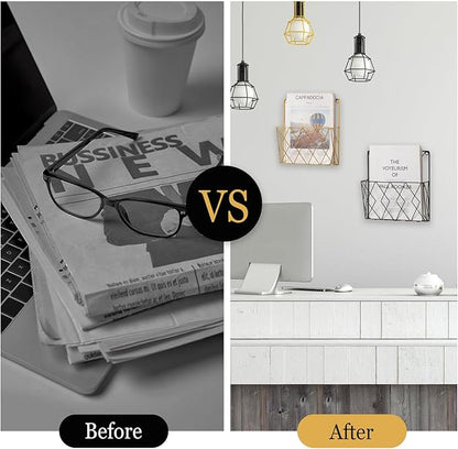 Wall-Mounted File Organizer, Metal Wall File Holder, Magazine Rack, Space-Saving Design, Ideal for Home Office, Workspace, and Study Room Organization (Black)