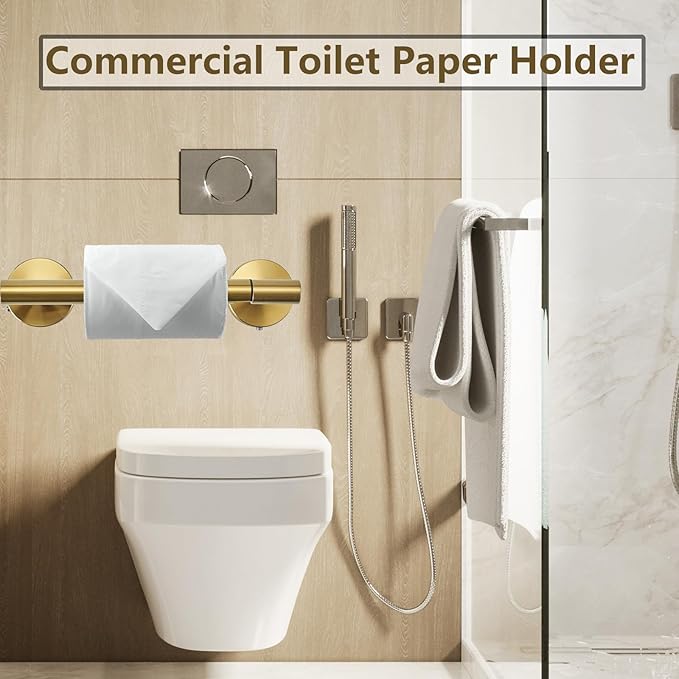 Toilet Paper Holder, Double Post Pivoting Design, Stainless Steel Rustproof Bathroom Tissue Holder, Wall Mount Fits Mega Rolls, for Home, RV, Commercial Bathroom Brushed Gold